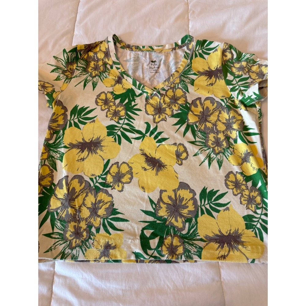 Palm Harbour Floral V-Neck Top XL Yellow Green Hibiscus Tropical Short SleeveTee